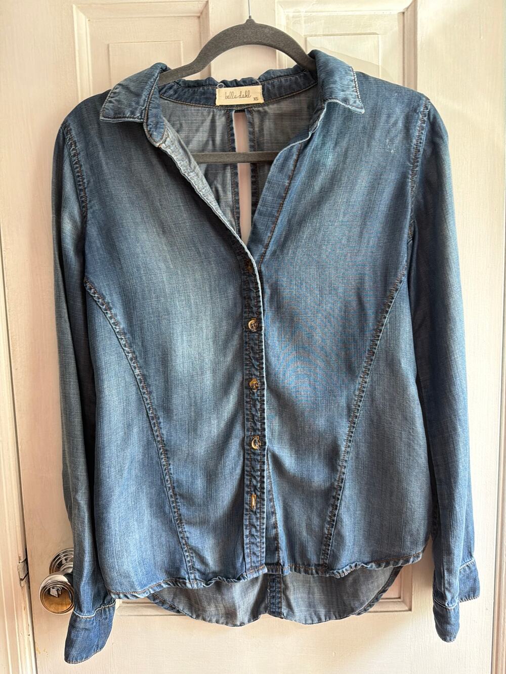 Bella Dahl Split Back Chambray Button Down Shirt Denim Blue XS